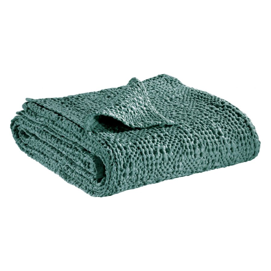 Jeté de lit Tana vert de gris 260 x 260 cm en coton nid d'abeille