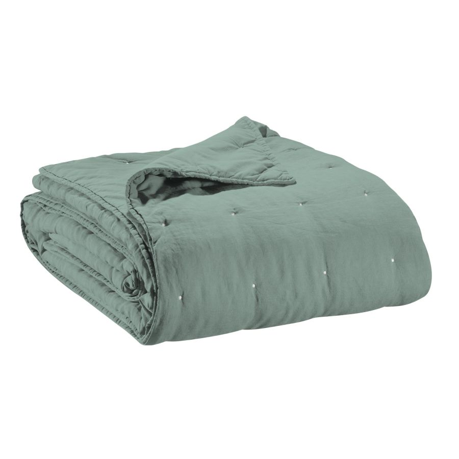 Jeté de lit Zeff vert de gris 180 x 260 cm en lin et coton